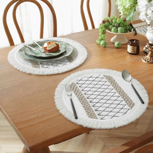 Image of HomeCloud Croshia Woven Table placemat - Heat Resistant, Washable Table Decoration for Dining, Office, Kitchen, Hotel, and Home (Round Beige Boxes, Set of 1)