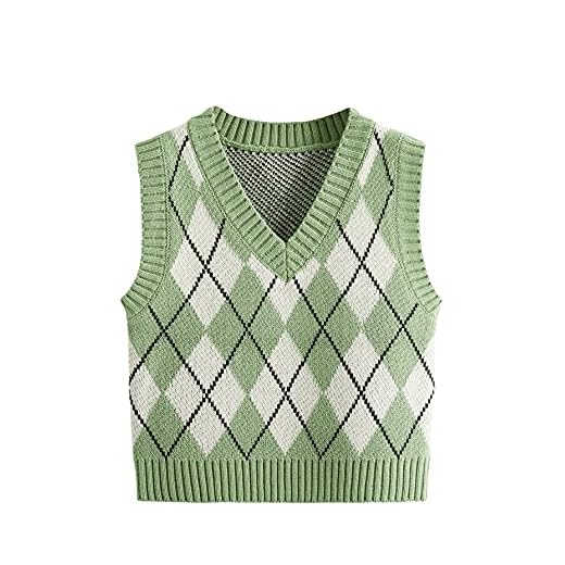 SweatyRocks Women's Plaid Geo Sleeveless V Neck Knit Crop Top Sweater Vest Mint Green M