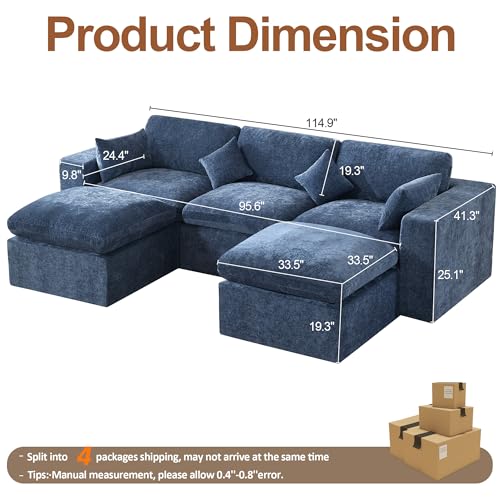 Image of 115'' Cloud Boneless Sectional Couch, Modular Sectional Sofa Deep Seat with 2 Ottomans, Oversized Upholstered Convertible Comfy 5 Seater Chenille Sofa U Shape Couches for Living Room, Blue