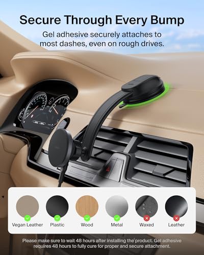 Image of Belkin Wireless Car Charger, MagSafe Phone Holder & Car Dash Mount w / 1M USB C Cable, Qi2 MagSafe Compatible Fast Charging iPhone Charger for iPhone 17, Galaxy S26, Pixel 10, Road Travelers, Black