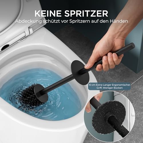 FORIOUS Silikon Toilettenbürste aus Edelstahl, 50 cm Extra Langer Griff, Anti-Spritz Design, Inkl. Ersatzkopf & Abnehmbarem Innenbecher – Saubere, Hygienische WC Bürste/Klobürste Schwarz für Bad