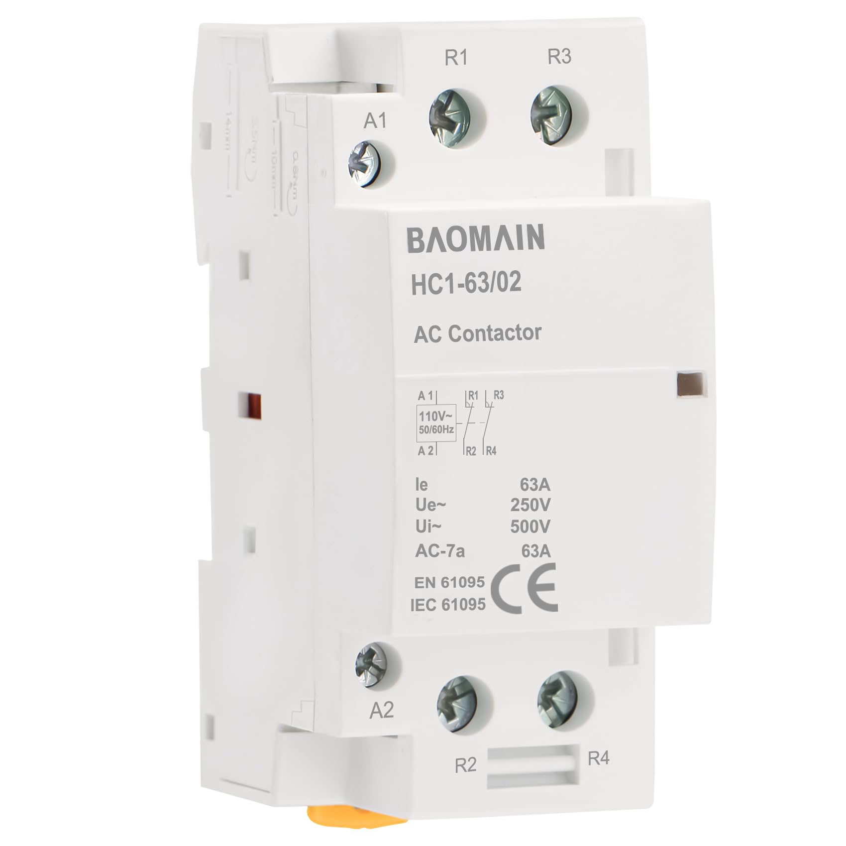 Baomain 110V AC 2-Pole Modular Contactor, 63A 2NC Normally Closed, DIN Rail Mount for HVAC, Motor, Pump & Lighting Control BCT-63/02, HC1-63/02-110VAC