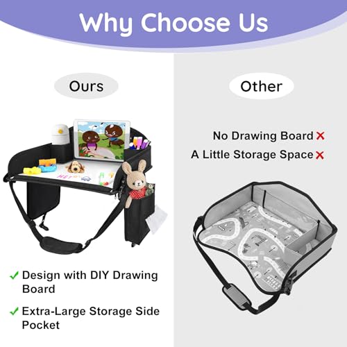 Image of Kids Travel Tray, Kids Travel Trays for Car Seat, Road Trip Essentials for Toddler, Carseat Lap Tray with Dry Erase Board & Storage Organizer for Road Trip Activities for Kid, Black