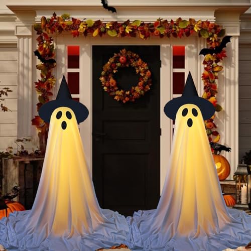 2Packs Halloween Decorations Outdoor, Ghost Decor with Remote Control LED Lights, Halloween Hanging Light Up Ghosts Decorations for Indoor Outdoor Front Yard Patio Lawn Garden Party Decor