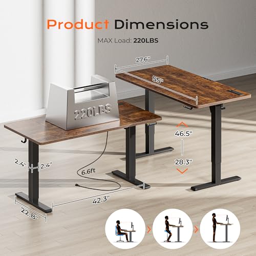 Image of Huuger 55 x 28 Large Electric Standing Desk with 4 AC Outlets, Type-C Port, Height Adjustable Computer Desk, 27.6 inch Deep Desktop, Stand up Gaming Office Desk, 3 Preset Heights, Rustic Brown