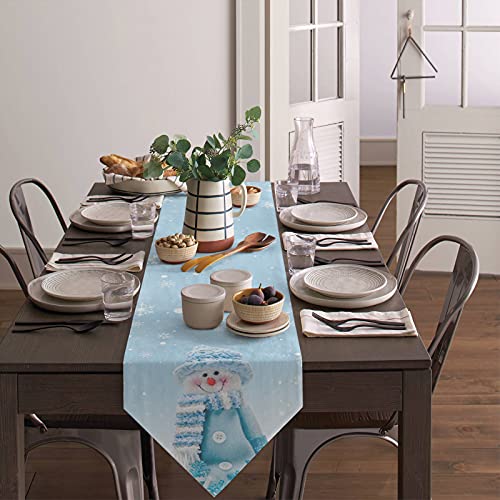 Christmas Snowman Table Runner Dresser Scarves, Winter Snowflakes Blue Table Runners 36 Inch Long,Non-Slip Washable Dining Coffee Table Runner For Farmhouse Kitchen Christmas Party Decor #TOP3