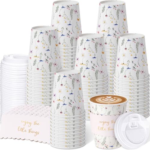 Mimorou 120 Sets Wildflower Coffee Cups with Lids and Sleeves, 8 oz Disposable Paper Cups, Floral Design Insulated Drinking Mugs for Wedding, Baby Shower, Birthday, Party Supplies