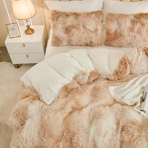 EMME Plüsch Bettwäsche Set 220x240cm Biber Flauschige Bettdecke Set für Bett Shaggy und Plüsch weiche Bettwäsche Bettbezüge und 2 Kissenbezug 80x80cm, Tie Dye Braun
