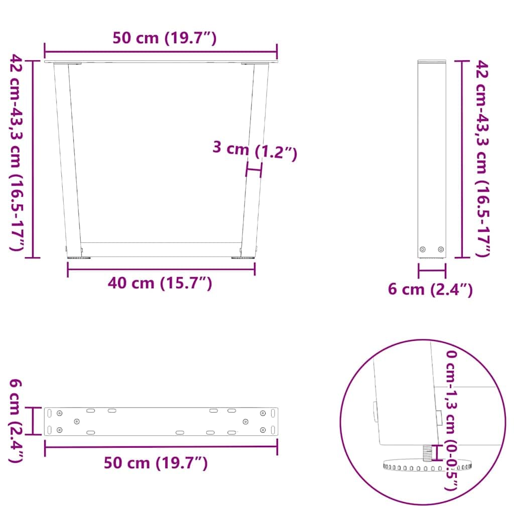 Nogi do stolika kawowego w kształcie litery V, 2 sztuki, kolor antracytowy, stal malowana proszkowo, 50 x (42 – 43,3) cm, z regulowanymi poziomami do stolika kawowego, stabilny montaż za