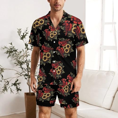 Cardinal Bird Sunflower Floral Mens Pajamas Set Short Sleeve Sleepwear Summer Pjs Sets 2 Piece Loungewear Nightwear2
