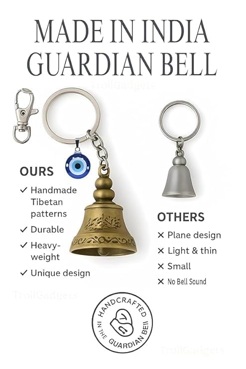 Image of Guardian Bell Keychain for Bike & Motorcycle | Tibetan Lucky Bell | Evil Eye & Lord Shiv Charm | Metal Rider Protection | Premium Pouch Included