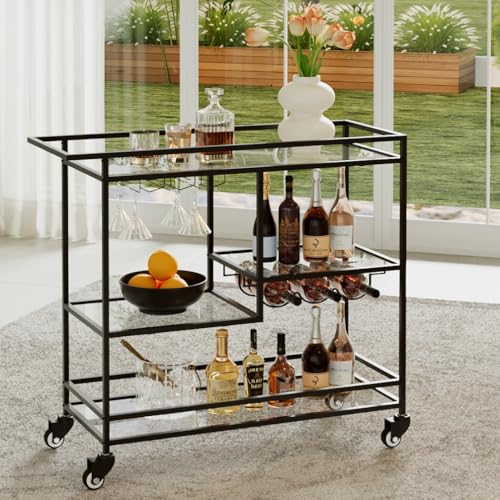 Alihdrna Black Bar Cart, Home Bar Serving Cart with Handle, Wine Cart with 3-Tier Glass Shelves, Beverage Cart with Wine Rack and Glass Holder, Bar Carts for The Home, Dining Room - Best Bar Carts