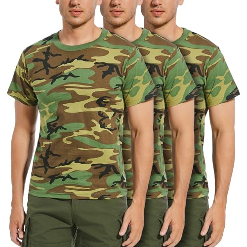TWCHAS 3 Pack Men’s Military Camo T-Shirt, 100% Cotton T-Shirt, Short-Sleeve Camouflage Top Vintage Camo T-Shirts for Everyday Look, Gym Training and Outdoor Activity