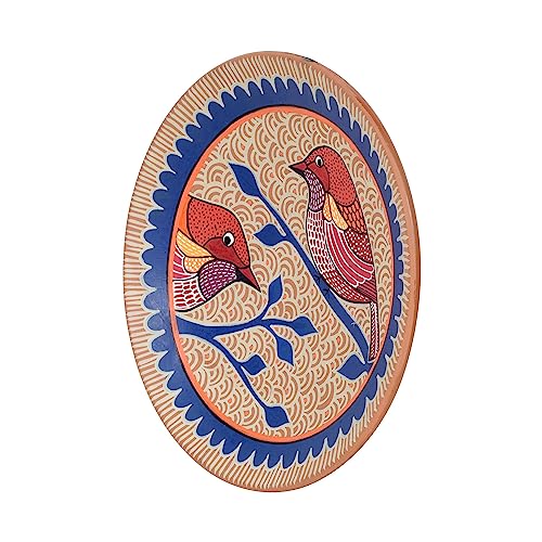 Image of AAKRITI ART CREATIONS Songbird Sonata Terracotta Wall Decor Plate, Pichhwai Art Wall Hanging Plate Set of 1, Blue Color | Glossy Finish Terracotta Wall | Home Items for Living Room, Bedroom, Office