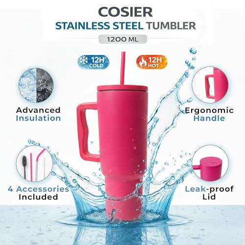 Image of Personalised 1200ml Insulated Stainless Steel Tumbler with Handle and Straw Lid - Large Travel Mug for Coffee & Water, Double Wall Vacuum Cup, Car Cupholder Friendly (Hot Pink)