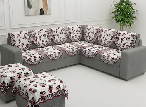 Image of Fab Nation Sofa Cover L Shape 7 Seater with Corner L Type Fully Covered Sofa Set for Living Room | Cotton Sofa Slipcovers for 4 + 3 Seaters Cover + 2 Setty Cover Set | Garden Pink
