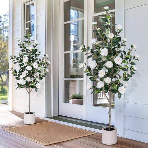 Yepdin 63 inch Artificial Camellia Tree with White Flower Pots -2 Pack White Fake Tree,5 Ft Faux Plants Indoor wich Blooming,Artificial Plants for Indoor & Outdoor Home Front Door Decor