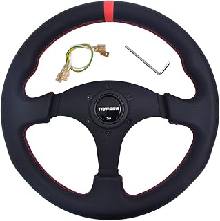 13.8インチ ドリフトレーシングステアリングホイール ゲーミングステアリングホイール 6ボルト フラット、レザーホーンボタン付き、カーシミュレーター対応/シボレーC10レーシング/エセデントテンポ、ヤマハG2-G29などほとんどのゴルフカートに対応、汎用