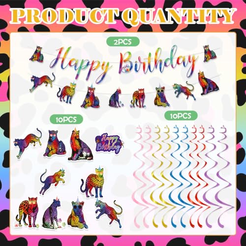 Image of Cheetah Print Birthday Decorations Include Neon Cheetah Happy Birthday Banners Hanging Swirls Jungle Rainbow Leopard Themed Birthday Party Supplies