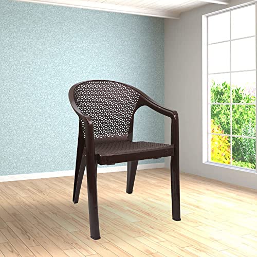 Image of ITALICA Oxy Plastic Arm Chair for Home /Glossy+Matte Finish Chair for Office, Living Room, Dining Room, Kitchen /Plastic Chairs for Balcony (5202, Brown, Set of 2 Chair, KFE)