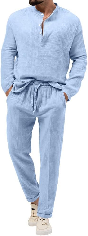 Men’s 2 Pieces Set Casual Outfits Henley Shirts Long Sleeve Tracksuits