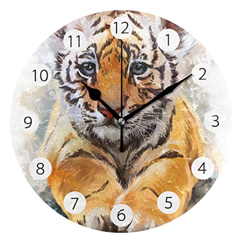 Tarity Little Tiger Painting Wall Clocks Battery Operated Silent Non Ticking Modern Round