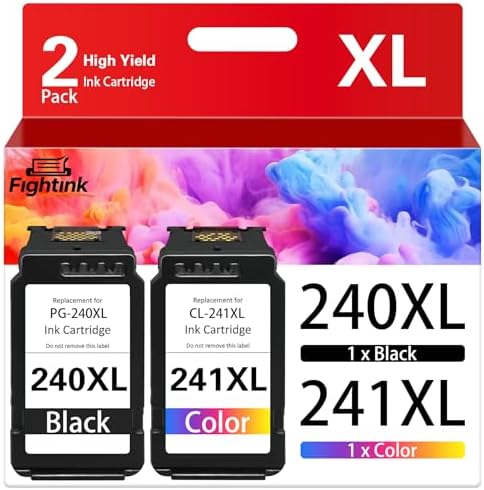Fightink PG-240 XL/CL-241 XL Black Color Ink Cartridges Compatible for Canon 240XL 241XL Combo Pack PG240 CL241 Fit for PIXMA MG3620 MG3600 TS5120 MG3520 MG2120 MX452 MX512 MX532 MX472 Printer(2 Pack)
