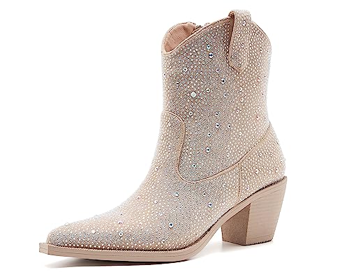Aizhenzm Women’s Rhinestone Cowboy Boots Side Zipper Slip-on Style Chunky Heel Pointed Toe Glittering Cowgirl Boots, Rhinestone, 10.5