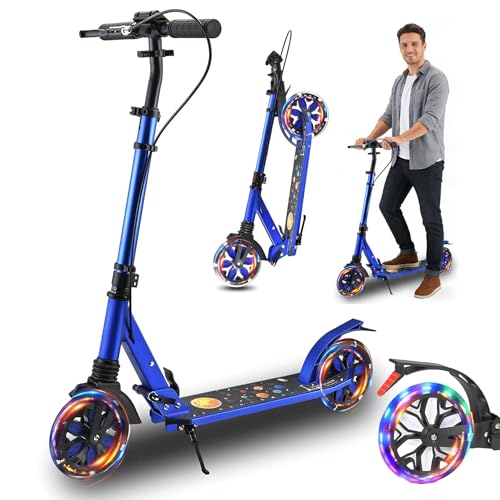 ZQHQKJ Adult Scooter 240 lbs Capacity, LED 8-inch Big Wheels Commuter Scooters, Sport Folding Kick Scooter, for Kids, Teens, and Adults, with Hand Brake & Shock Absorptio, 4 Adjustable Levels. Bearing
