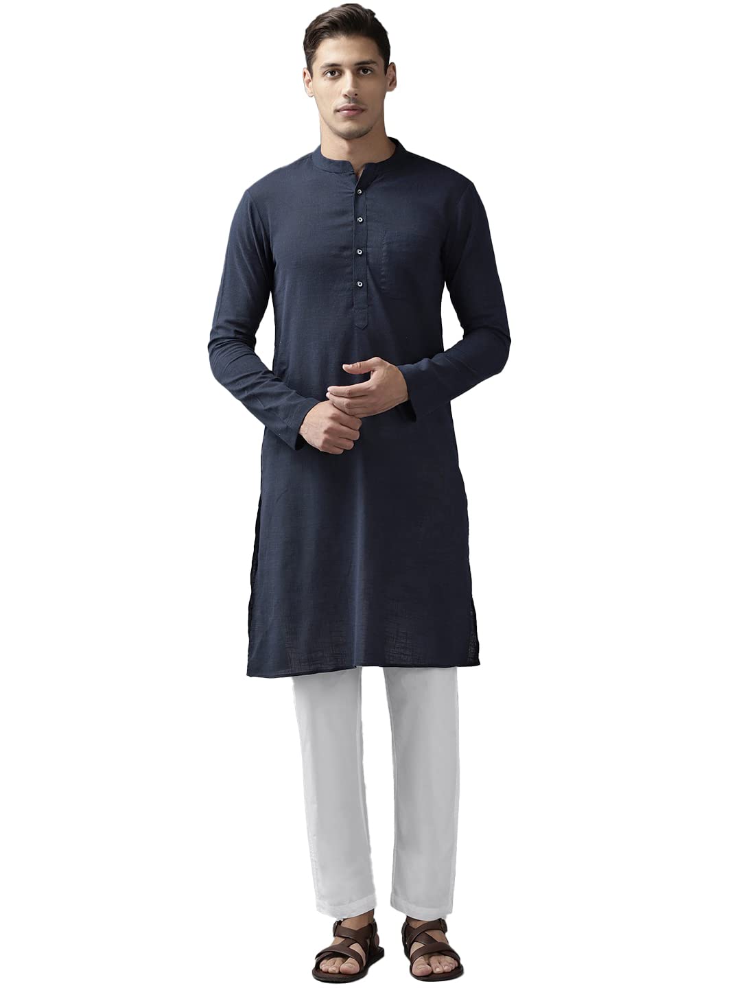 Blue & White Cotton Regular Fit Kurta Set Madern Collar Stright Hem Side Full Sleeve Straght Kurta With Pyjama-image-18