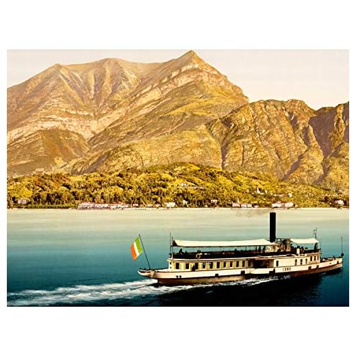 Wee Blue Coo Prints Vintage Photo Landscape Lake Como Mountain Boat Italy Flag Print Poster BB10369