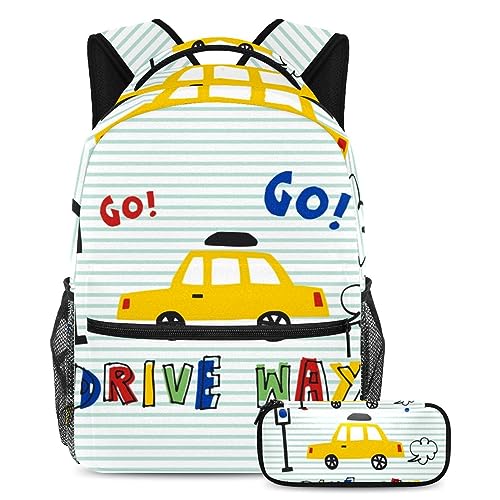 Sac à dos voiture jaune avec trousse assortie pour écoliers CP-Collège