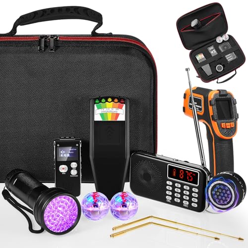 Dunzy 11 Pcs Ghost Hunting Equipment Kit Include Ghost Radio, Electromagnetic Paranormal Radiation Detector, EVP Recorder, UV Flashlight 2 LED Light up Cat Balls Etc(Upgrade Temp Gun)
