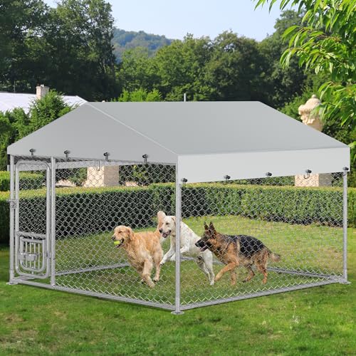 YITAHOME Outdoor Dog Kennel with Rotating Feeder Bowls, 7.5'x7.5' Outdoor Dog Enclosure with Roof, Heavy Duty Dog Cage for Medium Large Dogs