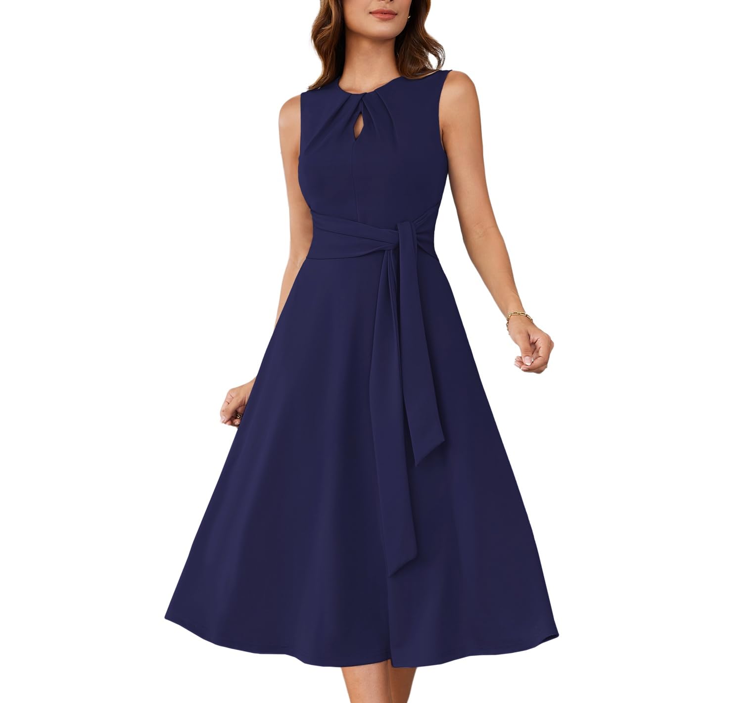 GRACE KARIN Vestido midi de línea A para mujer, sin mangas, cuello redondo, con bolsillos para cinturón, fiesta, club, uso diario, trabajo, boda, azul marino, S