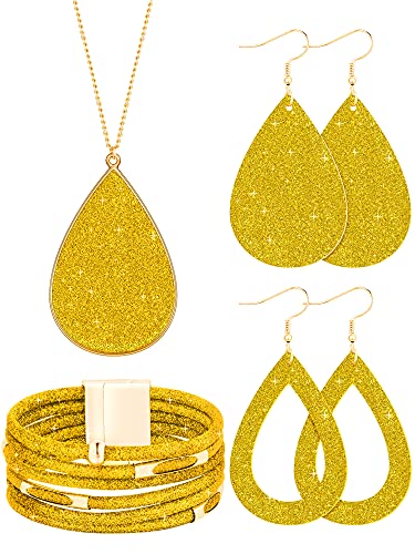Hicarer 4 Pcs Jewelry Sets for Women Glitter Necklace and Earring Set Multi Layer Bracelet Costume Jewelry Sets for Bridal Shower Wedding(Yellow)