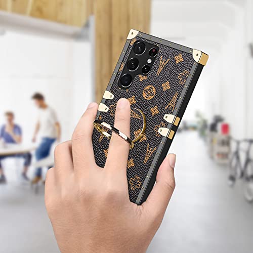 Wollony For Galaxy S22 Ultra Square Leather Case With Kickstand Ring Stand Holder Luxury Retro Case For Women Girls Metal Edges Shockproof Protective Cover For Samsung Galaxy S22 Ultra 6.8'' Brown #TOP4