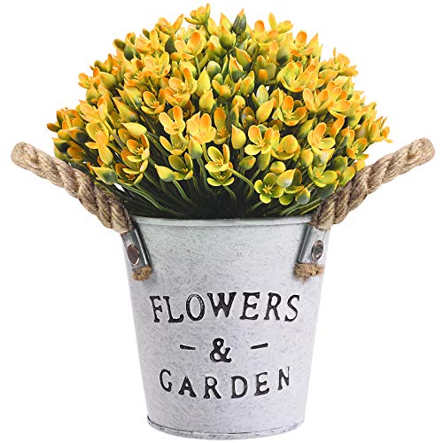 OUIVIAL Artificial Potted Plants - Medium Potted Plants Fake Plastic Flower Eucalyptus Leaves Plants with White Metal Basin for Home, Kitchen, Indoor Outdoor Decor. (Yellow Artificial Potted Plants)