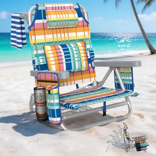 5-Position Backpack Beach Chair for Adults with Lumbar, Foldable Tall Heavy-Duty Beach Chairs with Cooler Bag,Cup Holder,Towel Rack for Beach, Camping, Outdoor (1, Rainbow)