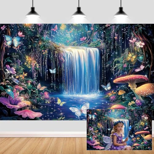 10X8ft Enchanted Forest Photography Backdrop Fantasy Wonderland with Waterfall Mushroom