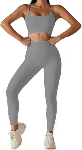 Workout Outfits for Women 2 Piece Ribbed Seamless Crop Tops Leggings Sets
