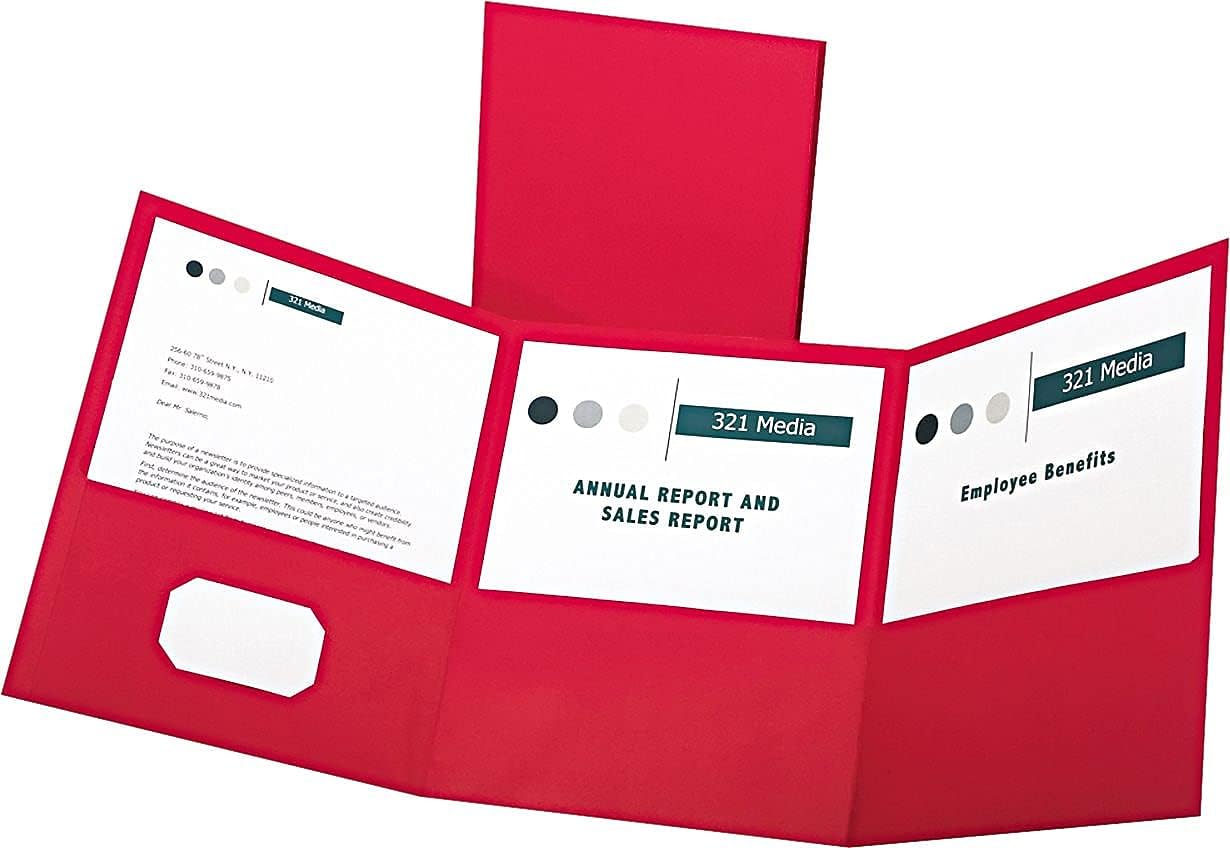 Oxford Tri-Fold Folder W/3 Pockets, 150-Sheet Capacity, 11 X 8.5, Red, 20/Box