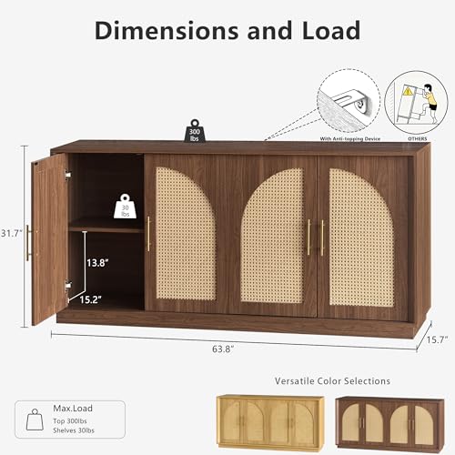 Image of FORTUNETEC Sideboard Buffet Cabinet with Storage, Modern Accent Cabinet with Arched Doors, Boho Modular Media Console, 67 inch Large Minimalist Credenza for Living Room Kitchen Dining Room Entryway