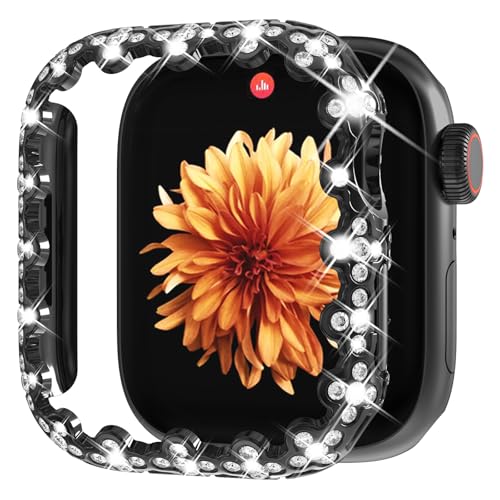 Wingle Bling Case Bumper for Apple Watch Series 11 10 42mm Case Cover, 4 Leaf Clover Lace Edge Diamond Crystal Rhinestone Protective Face Cover Hard PC Frame Protector iWatch 11 10 Cases 42 mm, Black - image 1