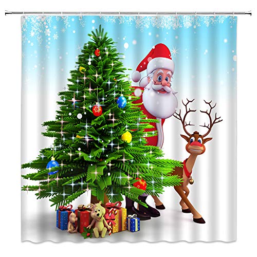 Merry Christmas Shower Curtains Xmas Decor Cartoon Santa Claus Green Christmas Tree Reindeer New Year Themed Kids Bathroom Polyester Fabric Hanging Curtain Set 70 x 70 Inch with Hooks