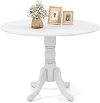 COSTWAY Table ronde pour 4, 39-inch Table de cuisine en bois avec cadre en bois de caoutchouc massif, jambes à tourbe courbées, coussinets réglables, table de dîner rustique du milieu du siècle pour le salon (Natural+White)