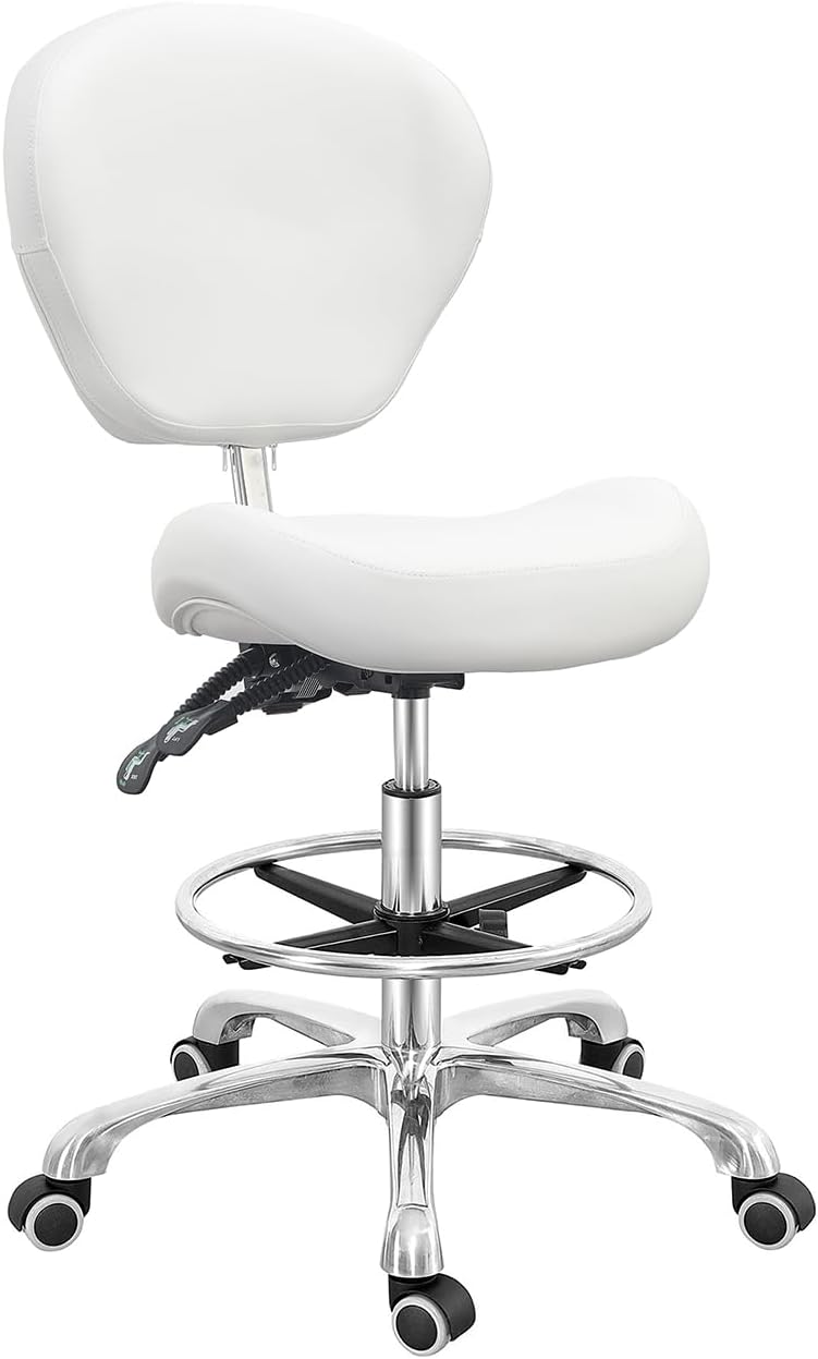 Drafting Chair With Backrest & Footrest – Adjustable Height Rolling Stool For Workshop, Studio, Office