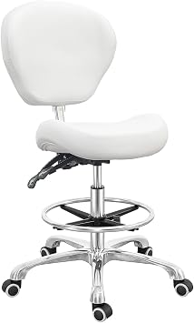 Grace&Grace Drafting Chair Adjustable Tall Shop Stool, Rolling Chair with Backrest and Footrest for Computer, Studio, Workshop, Classroom, Lab, Counter, Home Office White
