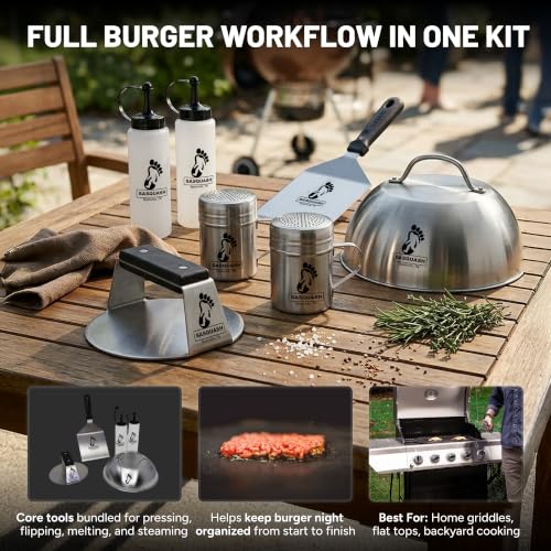Image of Sasquash Burger Press Kit, 5 Piece Smash Burger Set, Smash Burger Press, Spatula, Melting Dome and 2 Squirt Bottles for Griddle and Grill, Stainless Steel, Kitchen Gadgets, Grilling Accessories