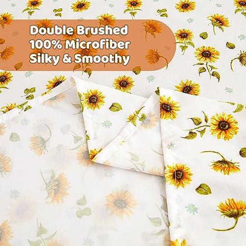 Image of Softan Floral Twin Size Sheet Set, Sunflower Printed Bed Sheets for Kids Girls, 3-Piece Microfiber Fitted Sheet with 15 inch Deep Pocket & Non-Slip Straps, Patterned Bedding Sheets & Pillowcase Set